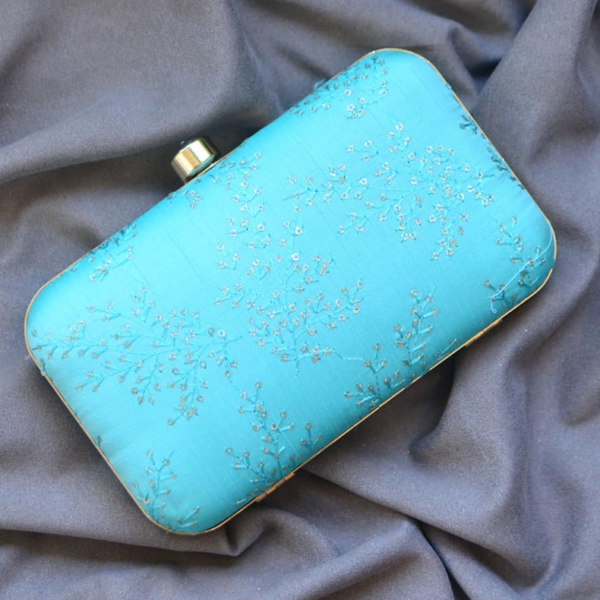 Clutch Bag with Embroidery Work Cyan Colour clutchcraft.in