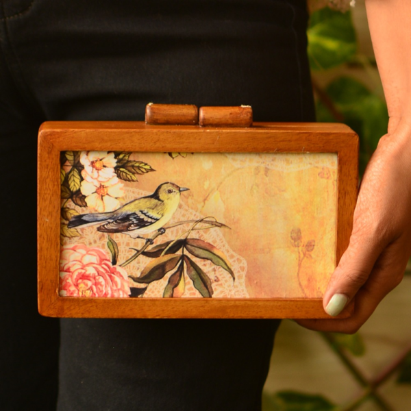 Wooden Clutch with Bird Printed on Fabric Inside clutchcraft.in