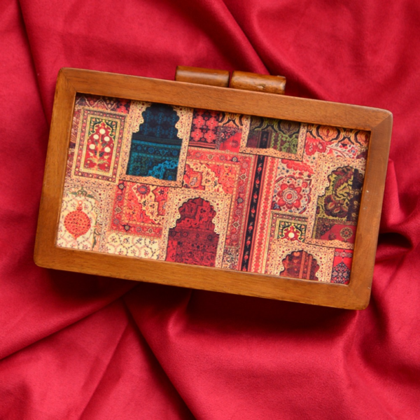 Wooden Clutch with Mats Printed on Fabric Inside clutchcraft.in