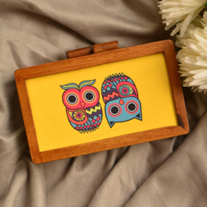 Wooden Clutch with Owl Printed on Fabric Inside clutchcraft.in