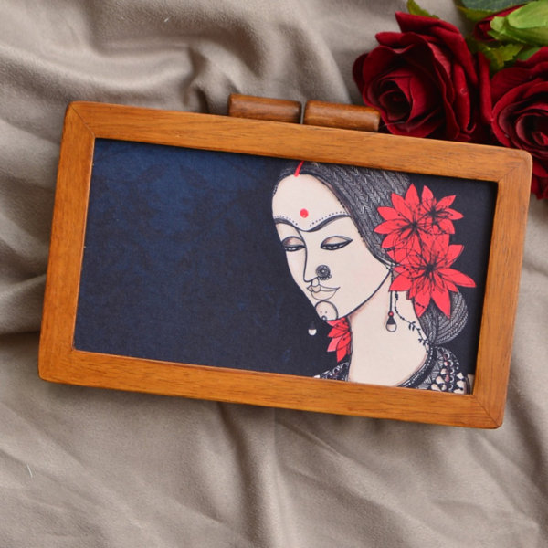 Wooden Clutch with Women Potrait with Red flowers Printed on Fabric Inside clutchcraft.in
