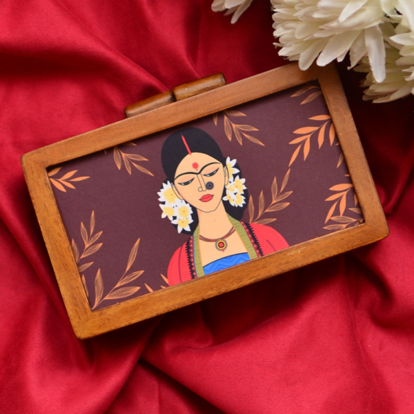 Wooden Clutch with Women Potrait with white flowers Printed on Fabric Inside clutchcraft.in