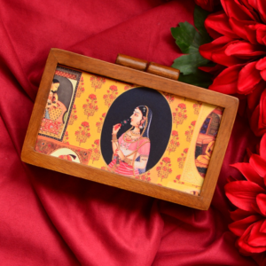 Wooden Clutch with Women holding flower Printed on Fabric Inside clutchcraft.in