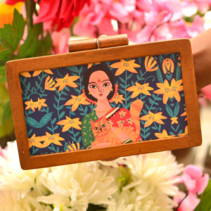 Wooden Clutch with Women & Cat Printed on Fabric Inside clutchcraft.in
