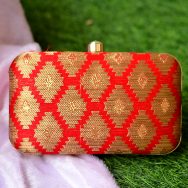 Rectangular Shape Brocade red Clutch clutchcraft.in