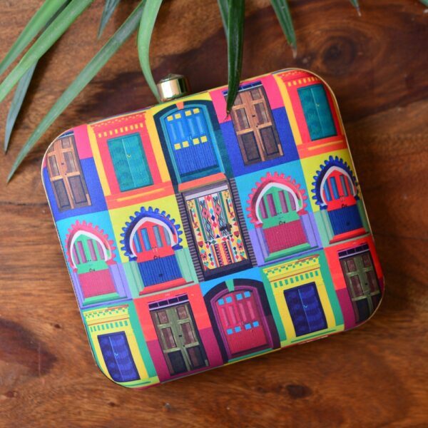 Multi Colour Doors Printed On Silk Square Clutch