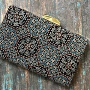 "Carry a Piece of Tradition Everywhere You Go with our Gray Ajrakh Clutch"