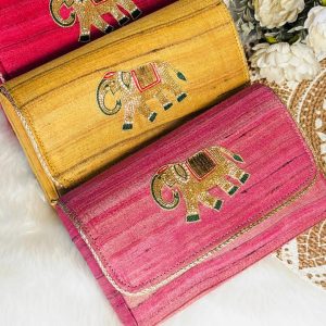 Pure Tussar Silk Embroidered Clutch – Available in Pink, Yellow & Red
