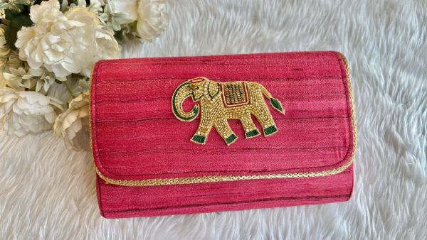 Pure Tussar Silk Embroidered Clutch – Available in Pink, Yellow & Red - Image 2