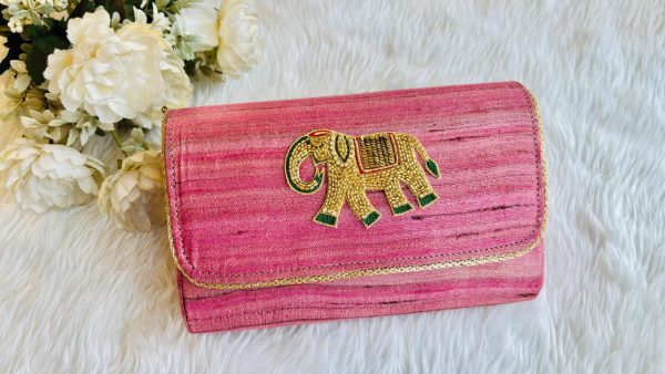 Pure Tussar Silk Embroidered Clutch – Available in Pink, Yellow & Red - Image 3