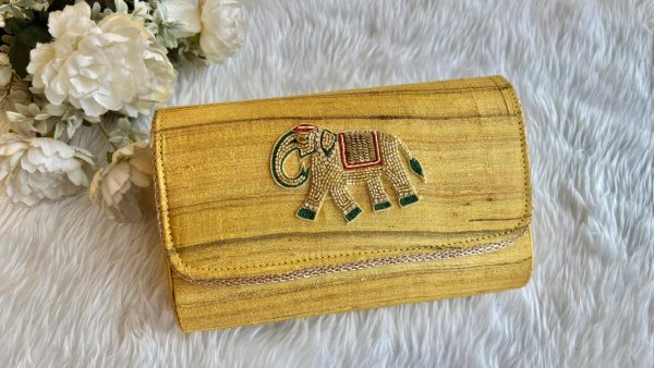 Pure Tussar Silk Embroidered Clutch – Available in Pink, Yellow & Red - Image 4